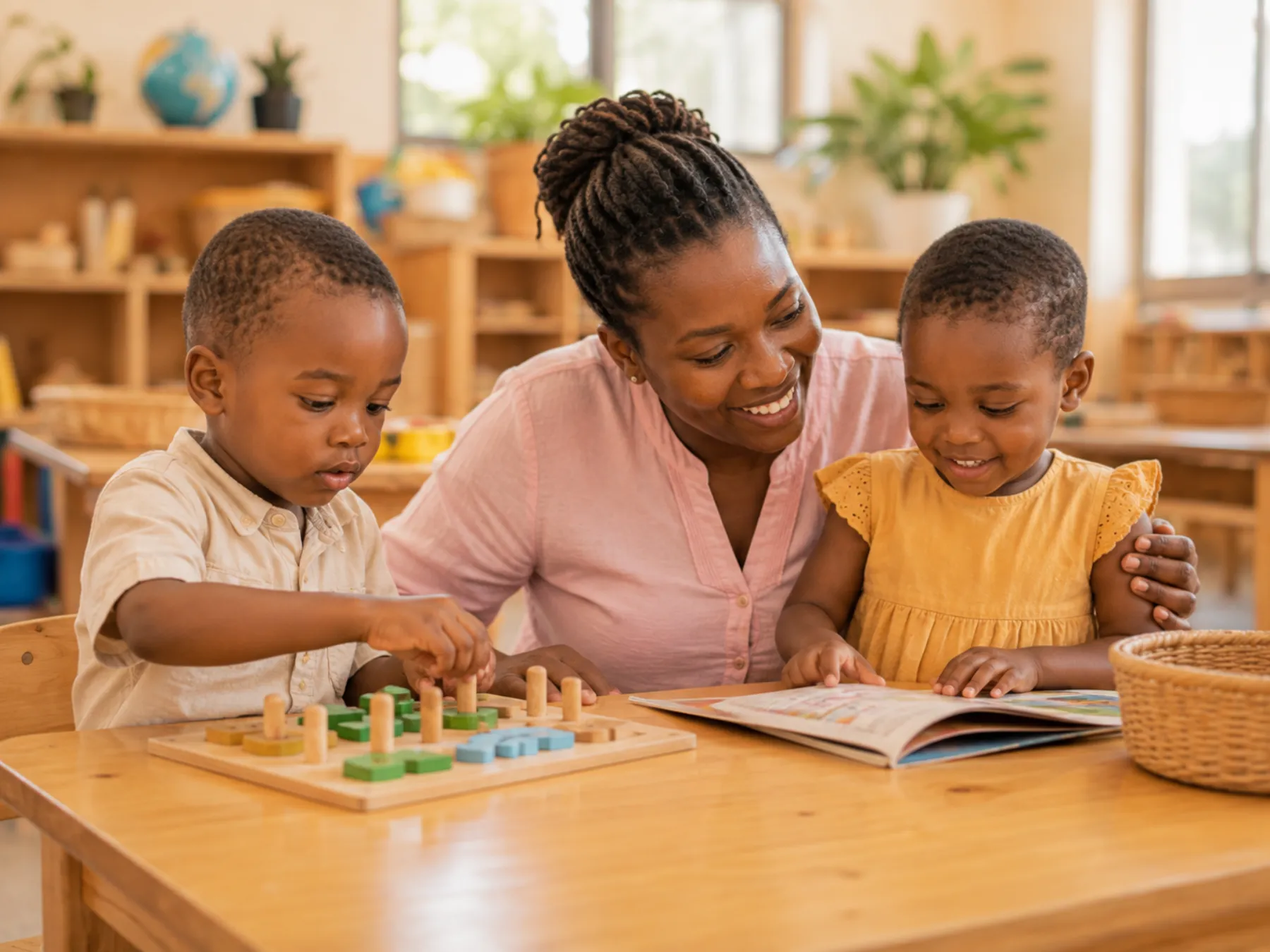 A teacher reading with children at a wooden classroom table
