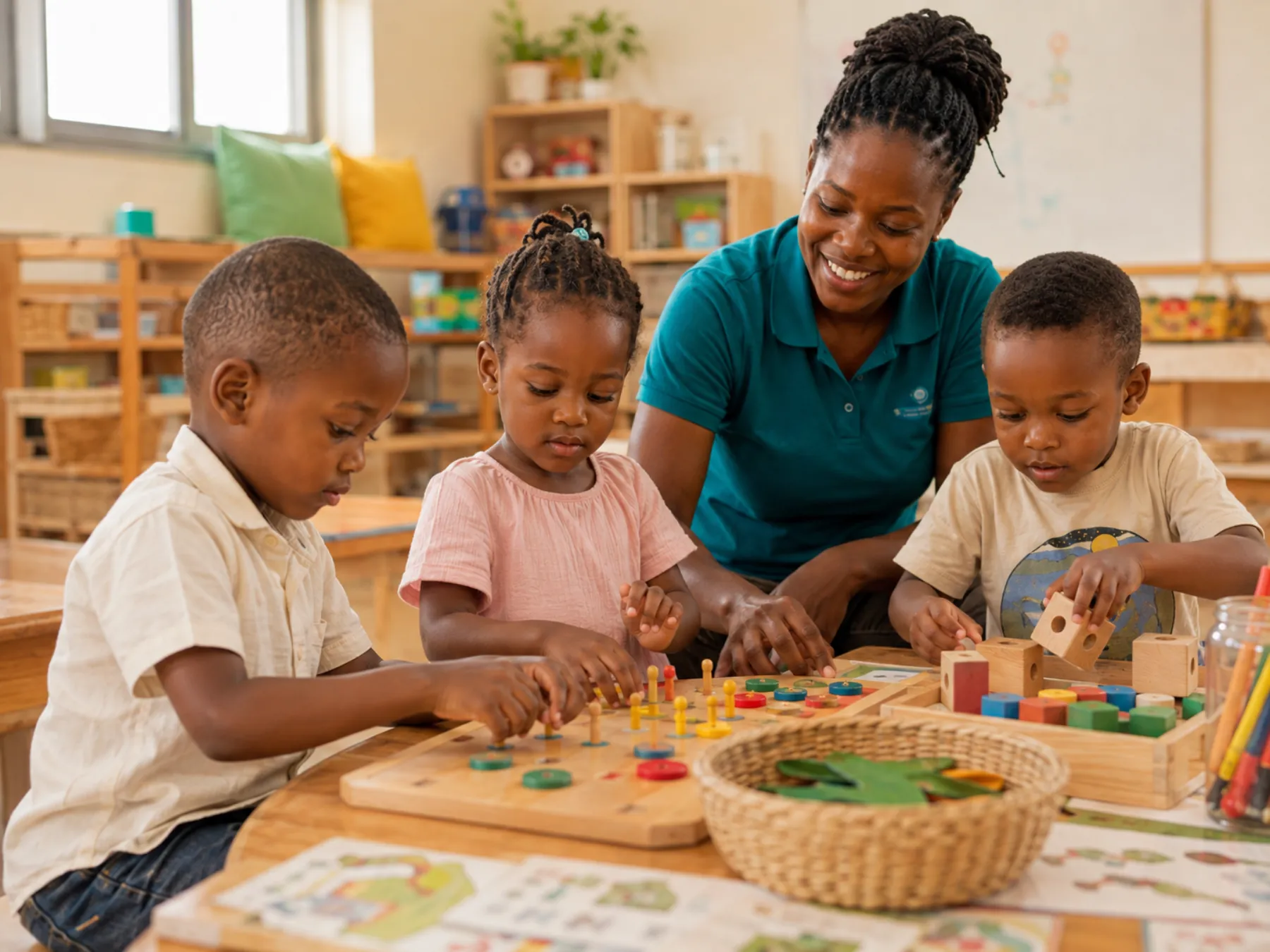 A teacher guiding children at a classroom table