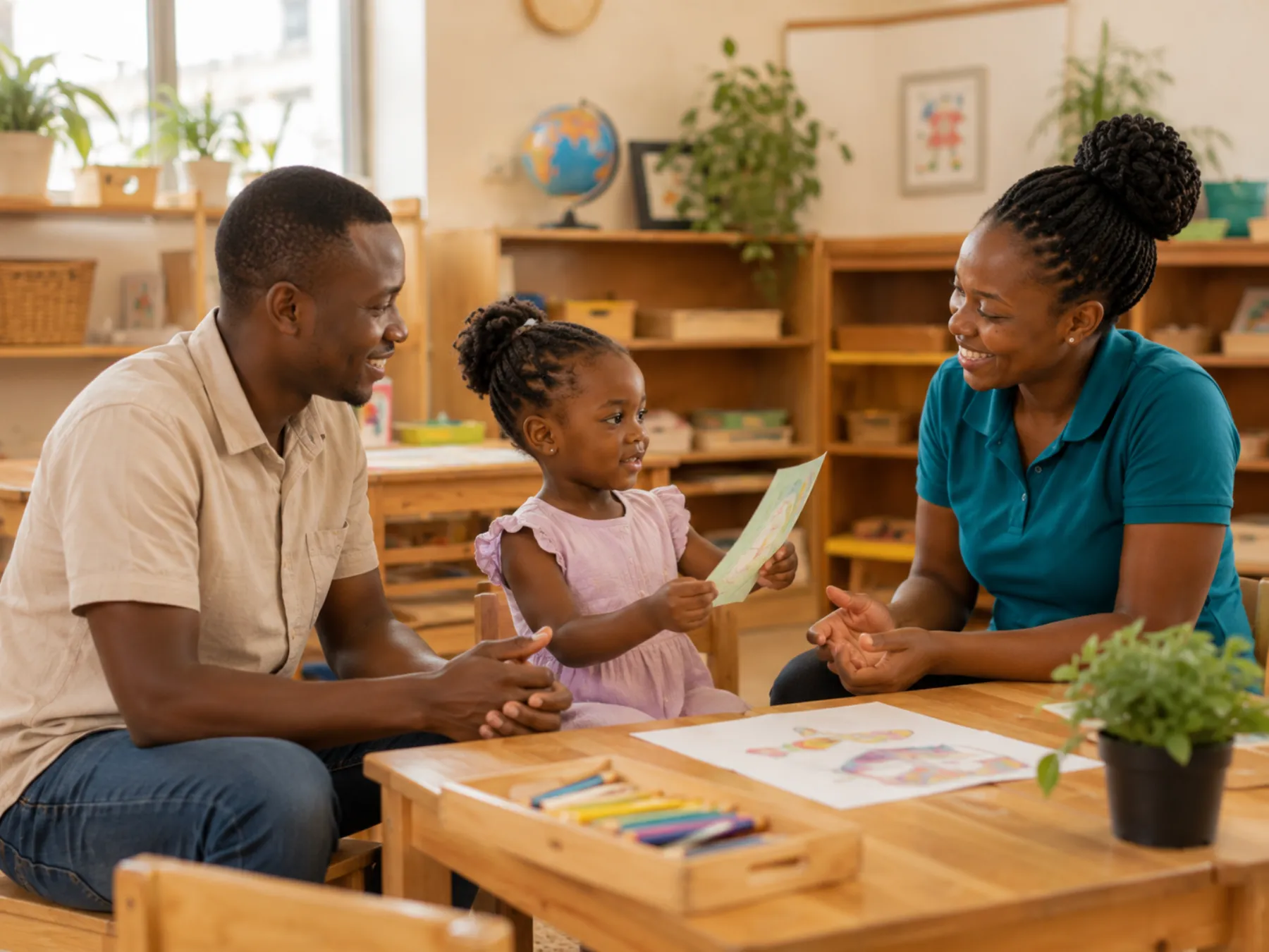 A parent and teacher talking with a child at Little Explorers