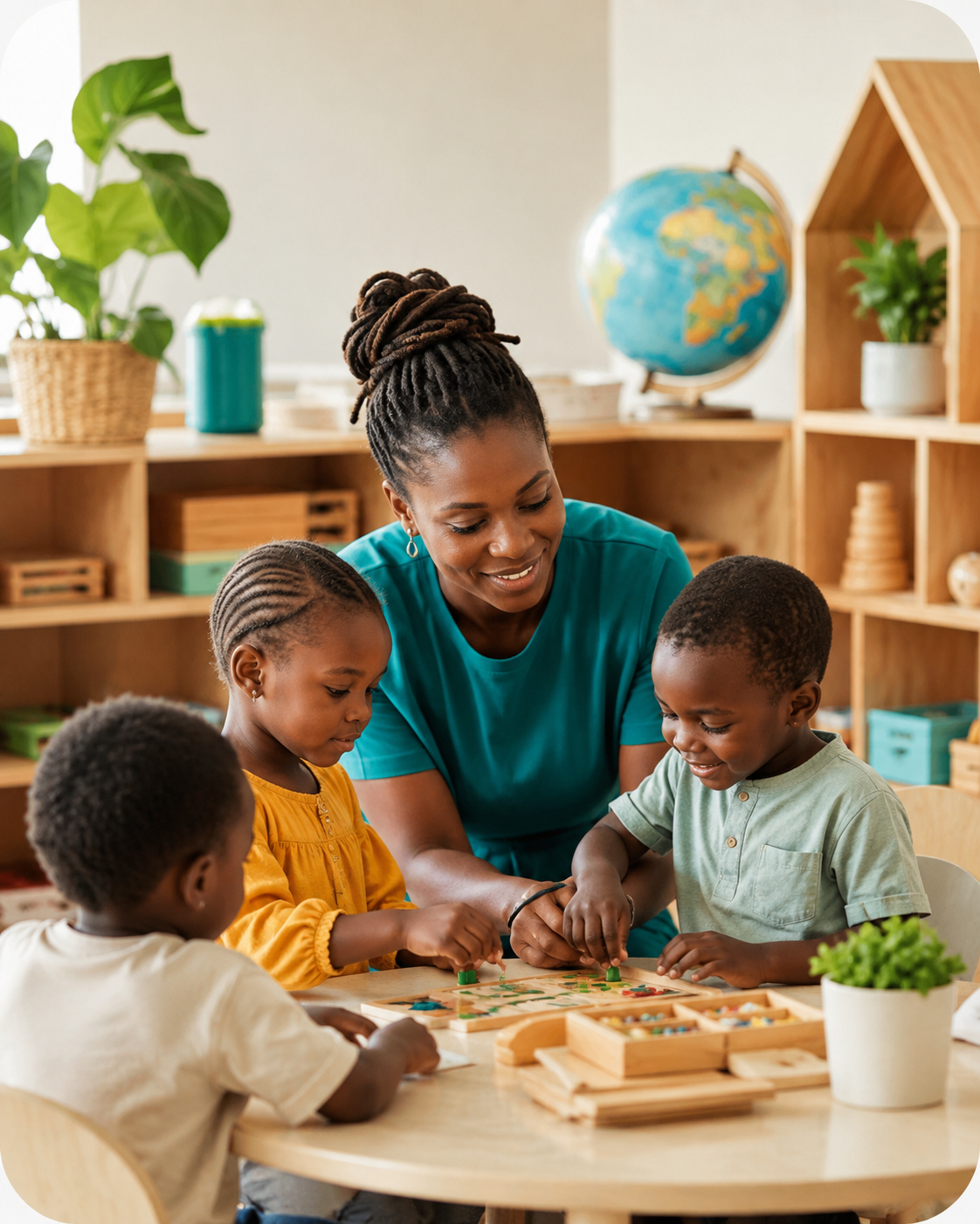Educator guiding young children during a small-group activity in Kampala