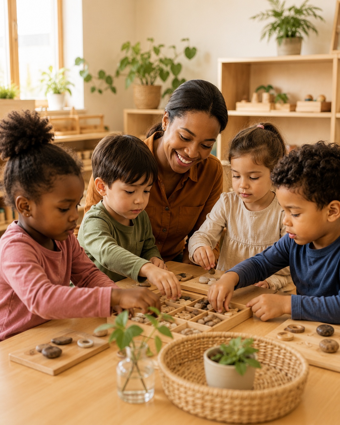 Teacher guiding children through Montessori learning materials at Little Explorers