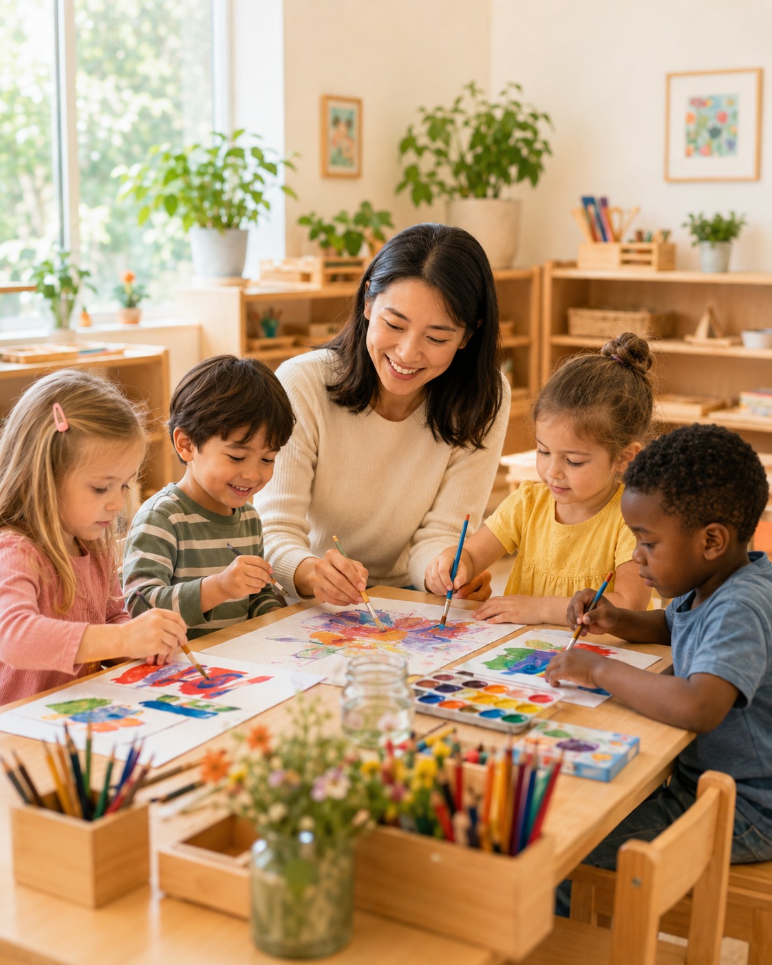 Young child experimenting with watercolor using a straw