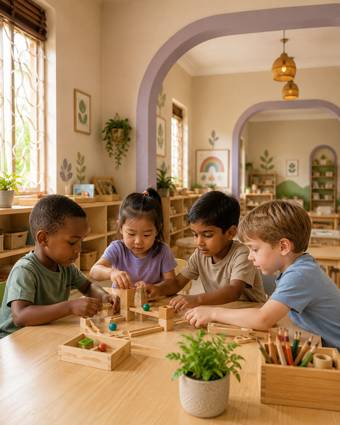 Larger classroom with multiple lilac arches for Smart Explorers ages 4+ to 5 years